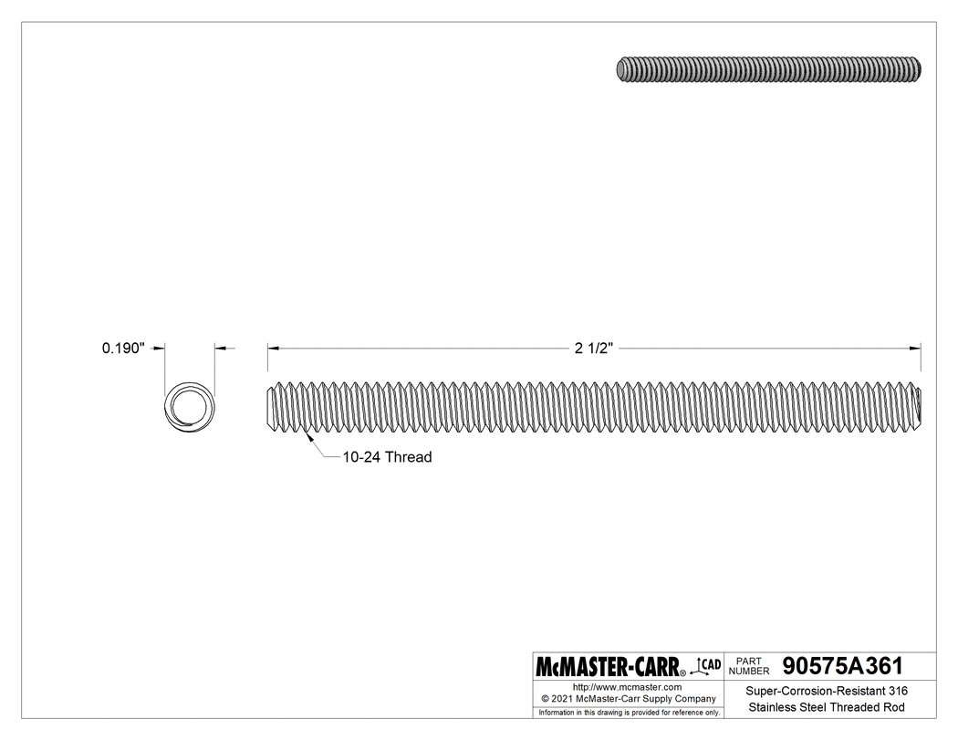 Technical Drawing of Super-Corrosion-Resistant 316 Stainless Steel Threaded Rod, 10-24 Thread Size, 2-1/2" Long.